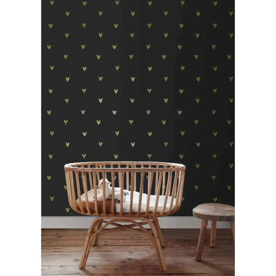 ESTAhome behang hartjes goud en zwart - 53 x 1005 cm
