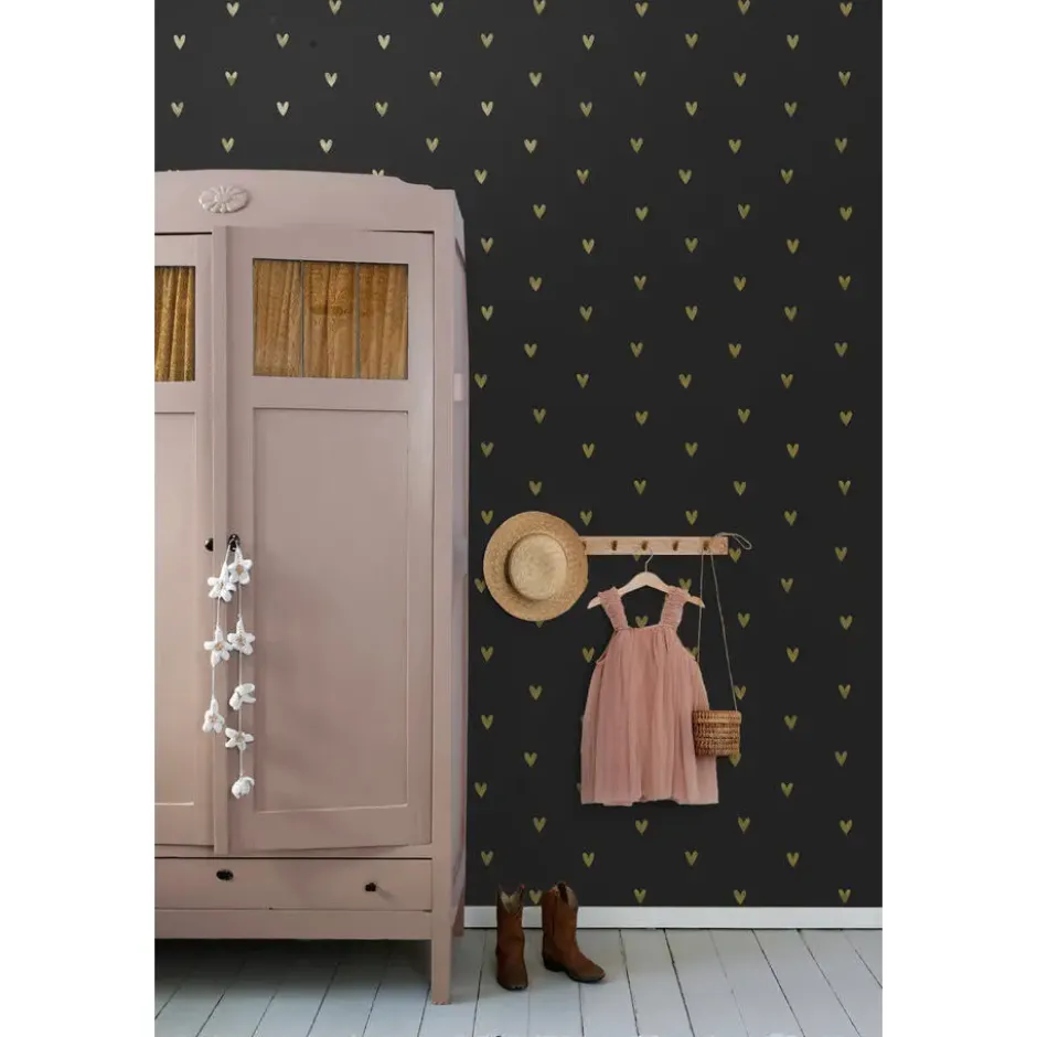 ESTAhome behang hartjes goud en zwart - 53 x 1005 cm