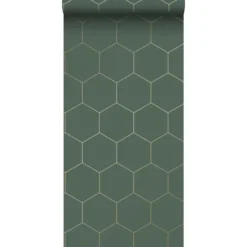 ESTAhome behang - honingraat-motief - groen en goud - 53 cm x 10,05 m