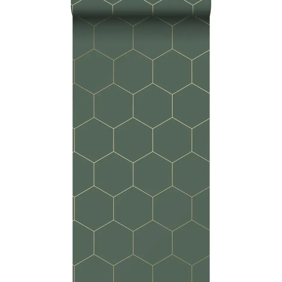ESTAhome behang - honingraat-motief - groen en goud - 53 cm x 10,05 m