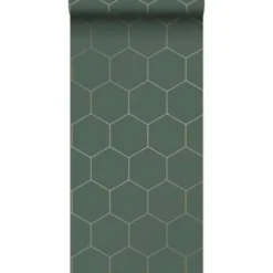 ESTAhome behang - honingraat-motief - groen en goud - 53 cm x 10,05 m