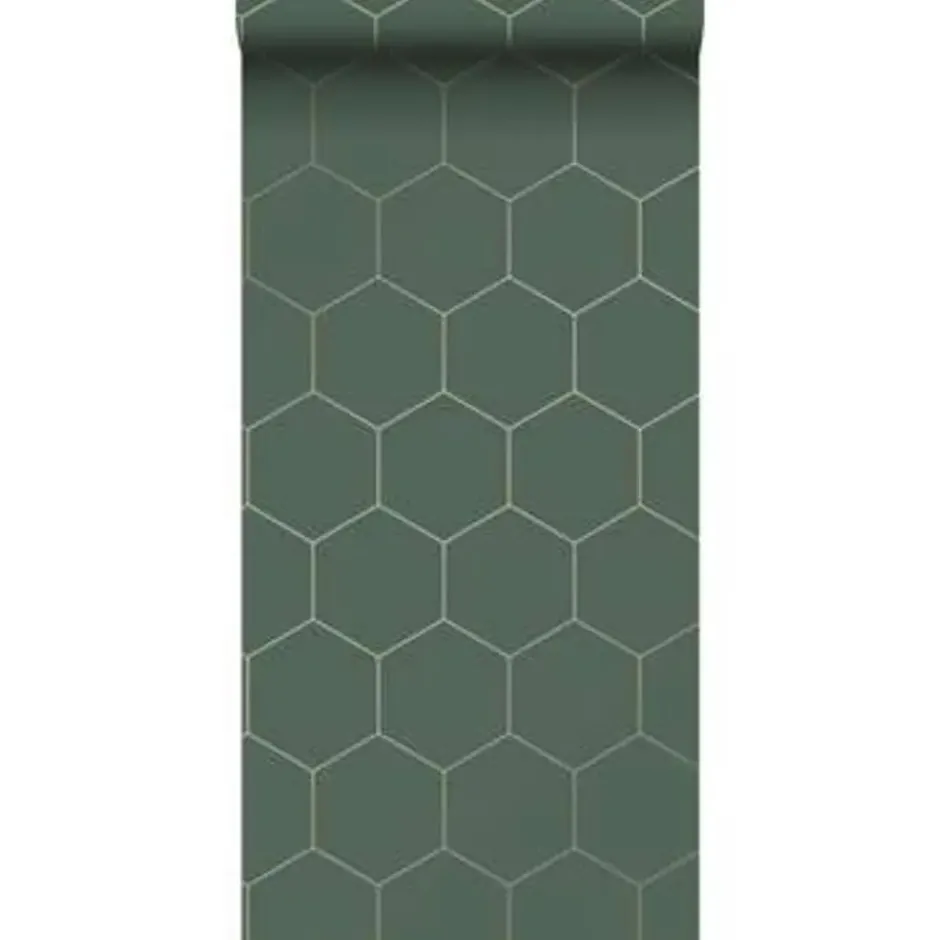 ESTAhome behang - honingraat-motief - groen en goud - 53 cm x 10,05 m