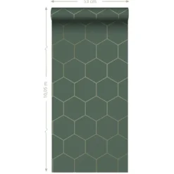 ESTAhome behang - honingraat-motief - groen en goud - 53 cm x 10,05 m