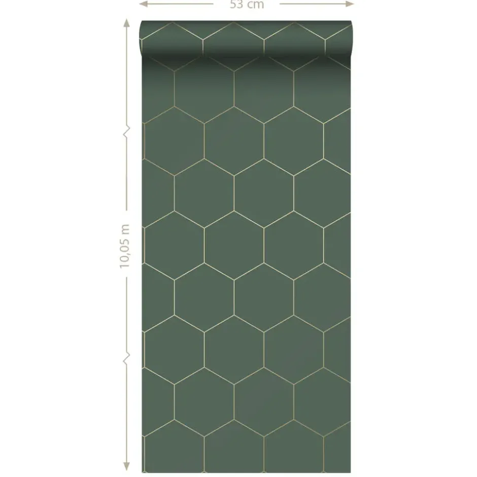 ESTAhome behang - honingraat-motief - groen en goud - 53 cm x 10,05 m