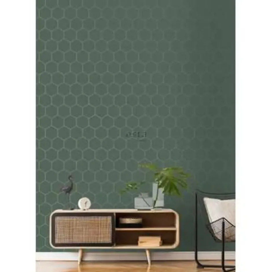 ESTAhome behang - honingraat-motief - groen en goud - 53 cm x 10,05 m