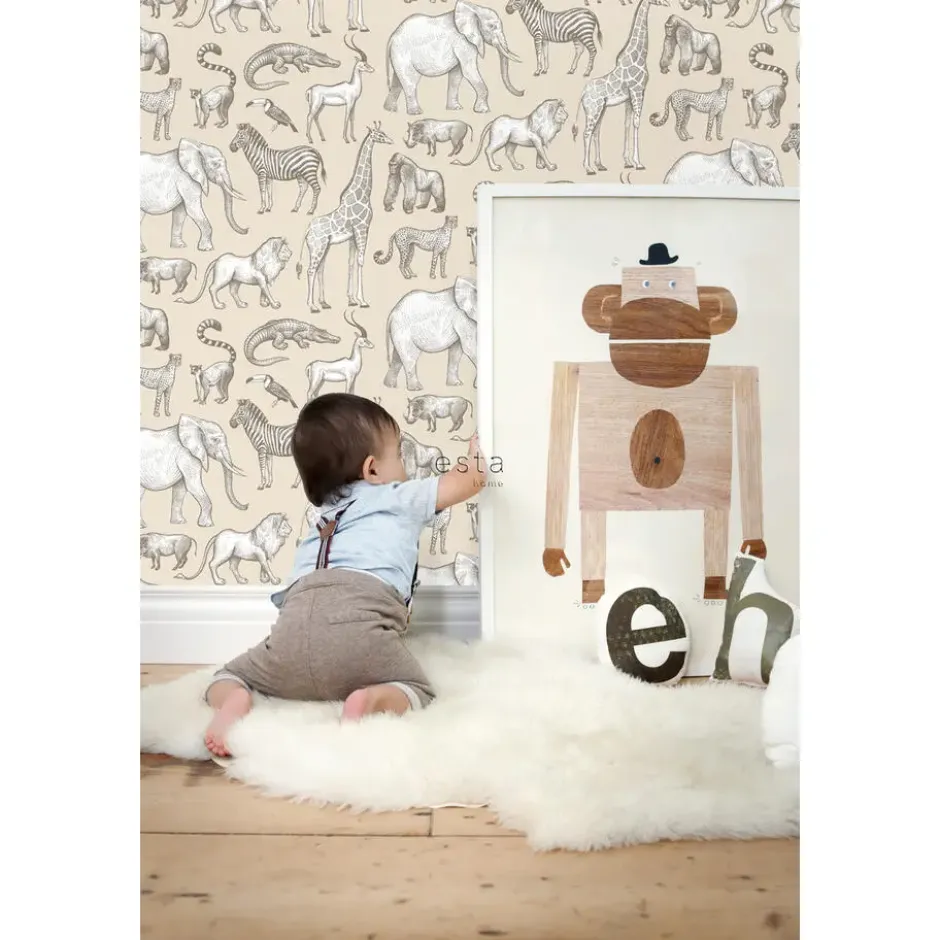 ESTAhome behang jungle dieren beige - 53 x 1005 cm