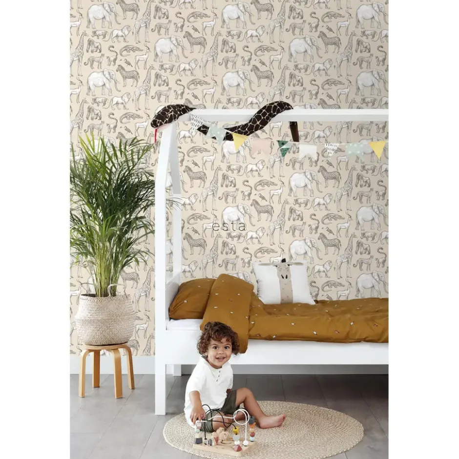 ESTAhome behang jungle dieren beige - 53 x 1005 cm