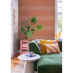 ESTAhome behang linnen-look strepen paars en oranje - 50 x 900 cm