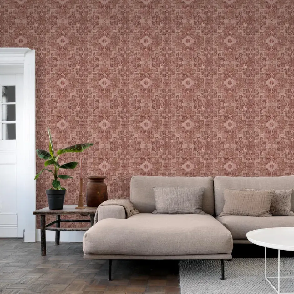 ESTAhome behang oosters kelim tapijt donker terracotta roze - 50 x 900 cm
