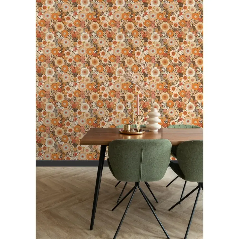 ESTAhome behang retro bloemen oranje en terracotta roze - 50 x 900 cm