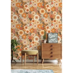 ESTAhome behang retro bloemen oranje en terracotta roze - 50 x 900 cm