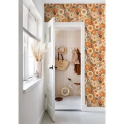 ESTAhome behang retro bloemen oranje en terracotta roze - 50 x 900 cm