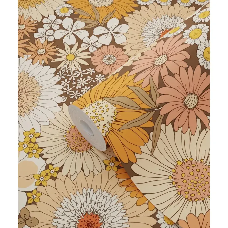 ESTAhome behang retro bloemen oranje en terracotta roze - 50 x 900 cm