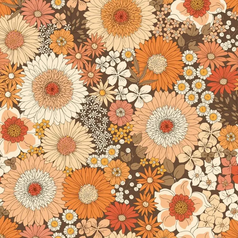 ESTAhome behang retro bloemen oranje en terracotta roze - 50 x 900 cm