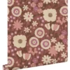 ESTAhome behang retro bloemen aubergine paars en roze - 50 x 900 cm