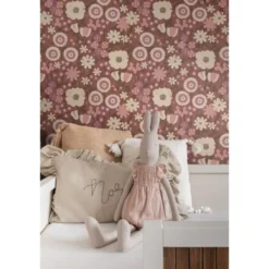 ESTAhome behang retro bloemen aubergine paars en roze - 50 x 900 cm