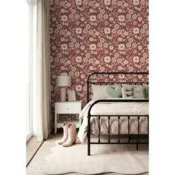 ESTAhome behang retro bloemen aubergine paars en roze - 50 x 900 cm