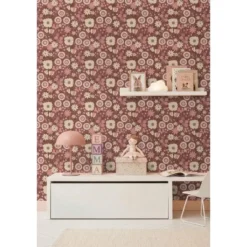ESTAhome behang retro bloemen aubergine paars en roze - 50 x 900 cm