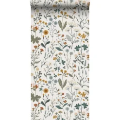 ESTAhome behang veldbloemen okergeel, vergrijsd groen en vintage blauw