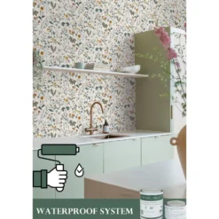 ESTAhome behang veldbloemen okergeel, vergrijsd groen en vintage blauw