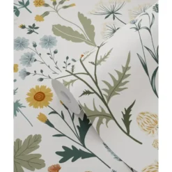 ESTAhome behang veldbloemen okergeel, vergrijsd groen en vintage blauw