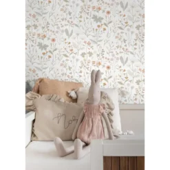 ESTAhome behang veldbloemen groen en terracotta roze - 53 x 1005 cm