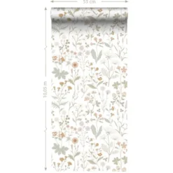 ESTAhome behang veldbloemen groen en terracotta roze - 53 x 1005 cm