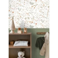 ESTAhome behang veldbloemen groen en terracotta roze - 53 x 1005 cm