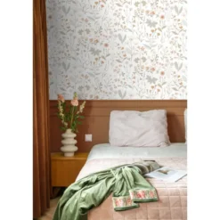 ESTAhome behang veldbloemen groen en terracotta roze - 53 x 1005 cm