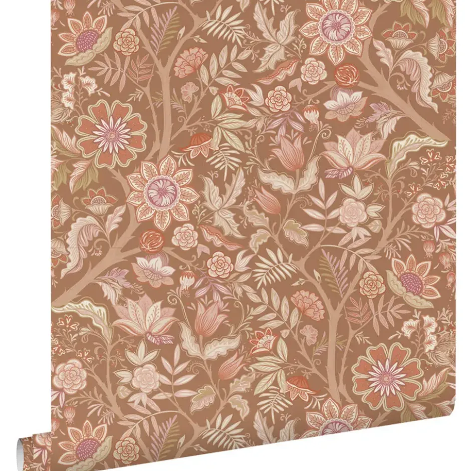 ESTAhome behang vintage bloemen bruin, terracotta en paars - 50 x 900 cm