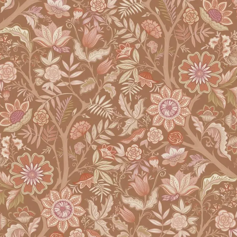 ESTAhome behang vintage bloemen bruin, terracotta en paars - 50 x 900 cm