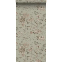 ESTAhome behang vintage bloemen vergrijsd mintgroen en zacht roze