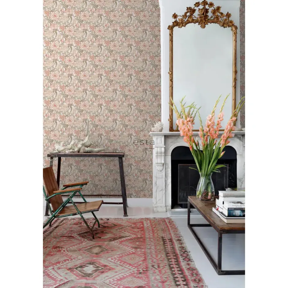 ESTAhome behang vintage bloemen oudroze en groen - 53 x 1005 cm