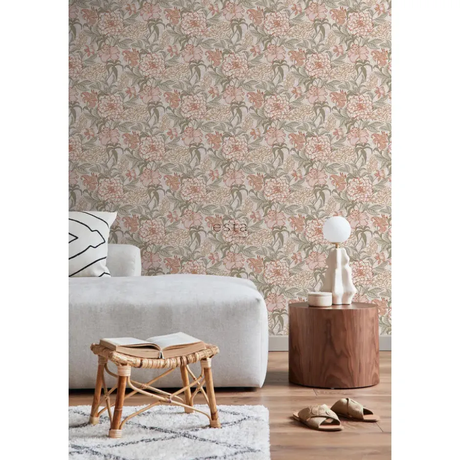 ESTAhome behang vintage bloemen oudroze en groen - 53 x 1005 cm