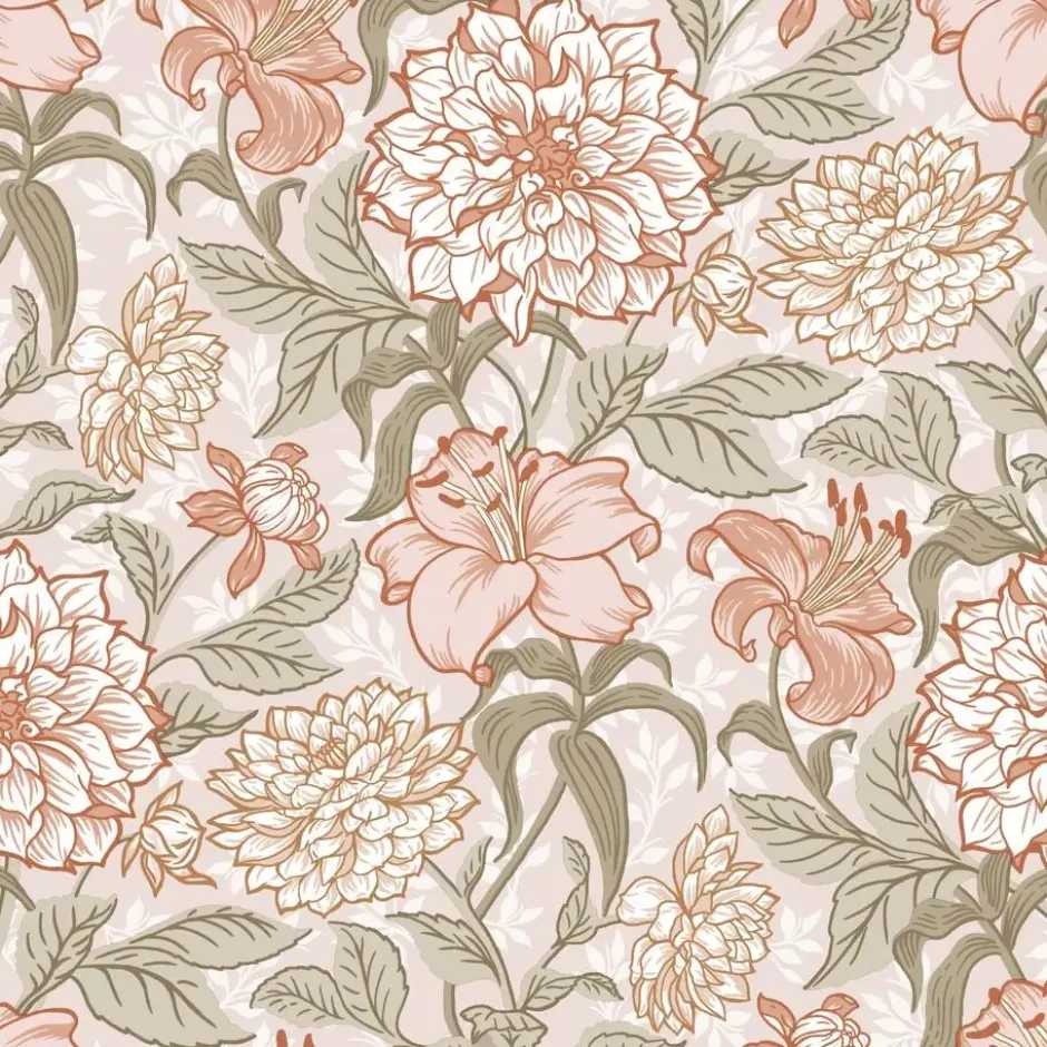 ESTAhome behang vintage bloemen oudroze en groen - 53 x 1005 cm