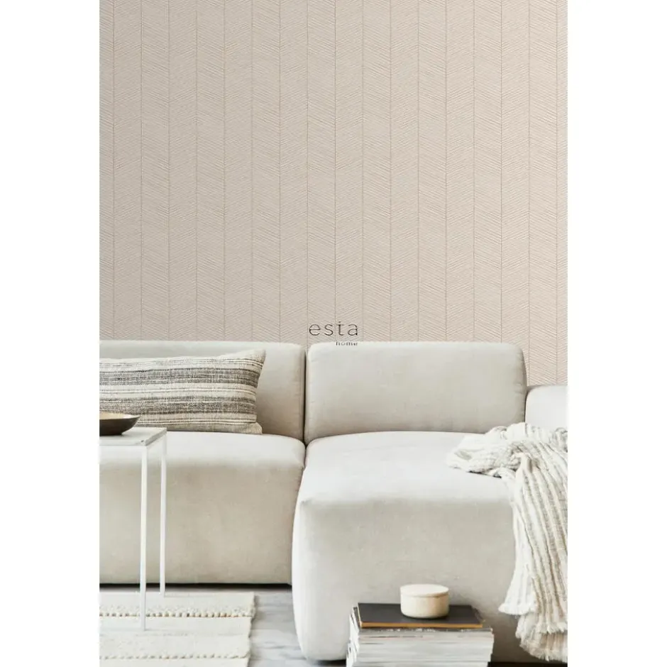 ESTAhome behang visgraat-motief zandkleurig en beige - 53 x 1005 cm