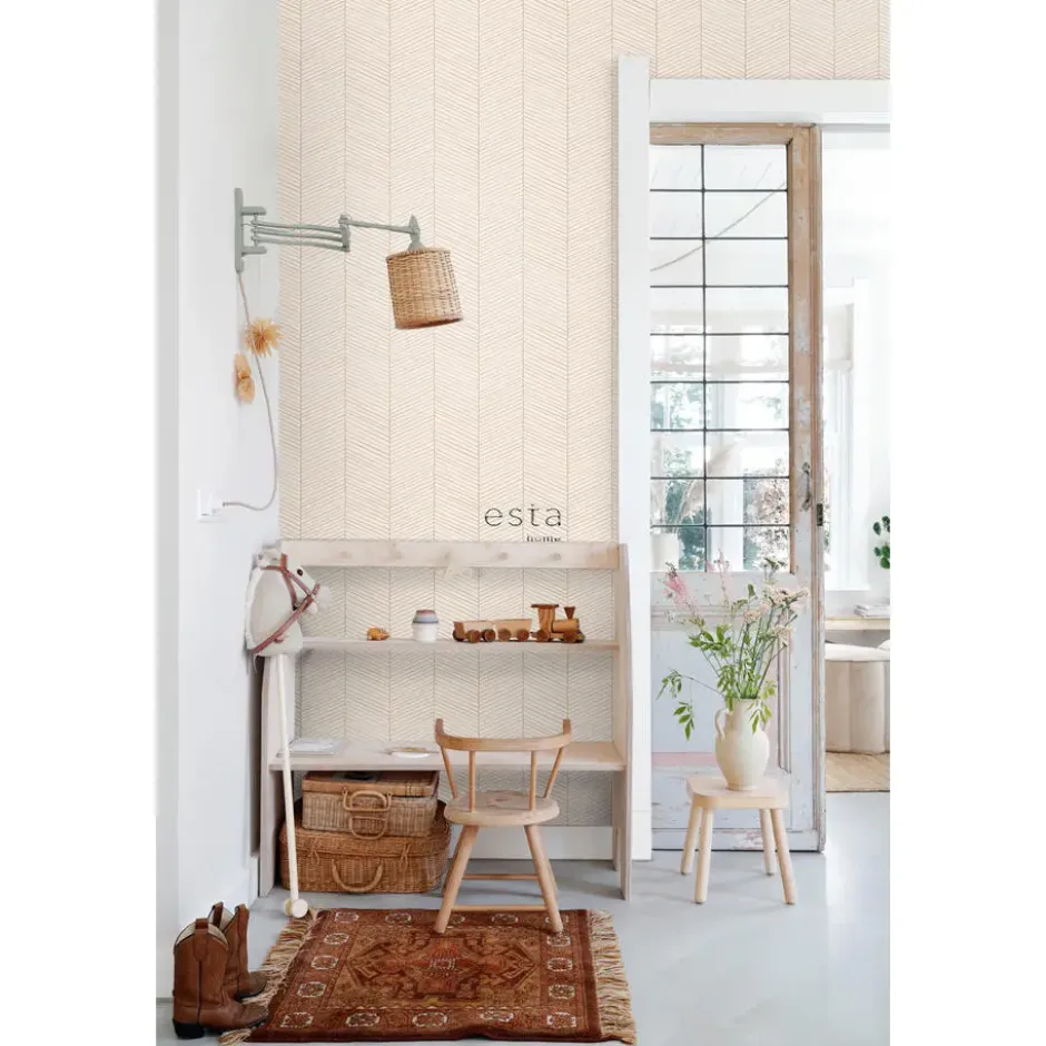 ESTAhome behang visgraat-motief zandkleurig en beige - 53 x 1005 cm