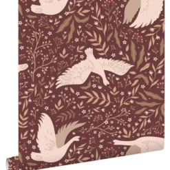 ESTAhome behang zwanen bordeaux rood - 50 x 900 cm