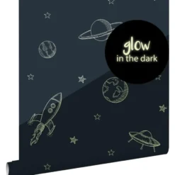 ESTAhome glow-in-the-dark behang planeten in de ruimte donkerblauw