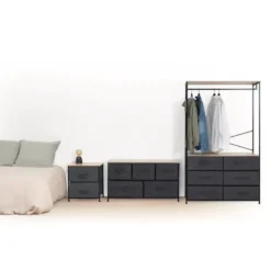 5Five Opbergkast - 5x mand - 100x30x55cm - hout/stof donkergrijs