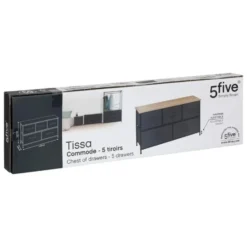 5Five Opbergkast - 5x mand - 100x30x55cm - hout/stof donkergrijs