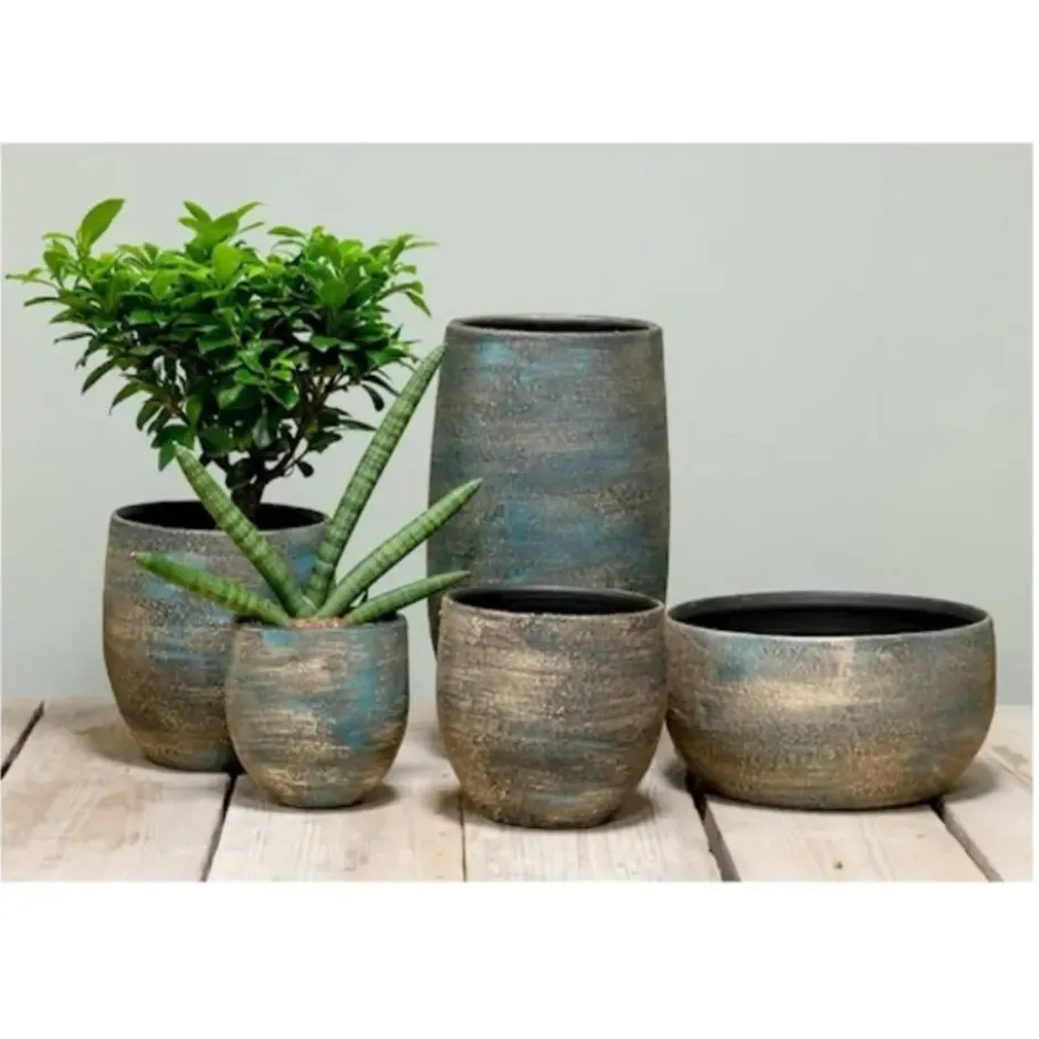 Floran Plantenpot - blauw / goud - keramiek - 14 cm