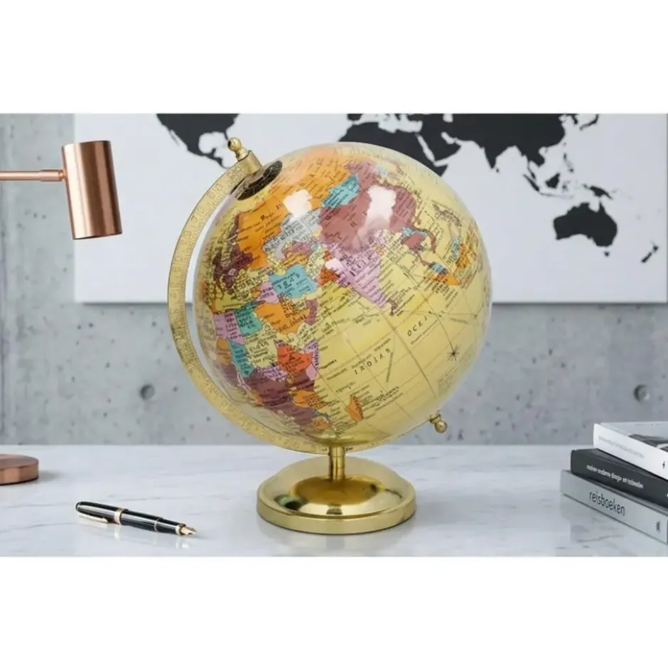 Gerimport Decoratie Wereldbol Thomas - globe - geel - 18 x 24 cm