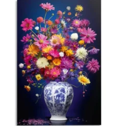 Glasschilderij Delft Bloemen - 116 x 78 - Bont