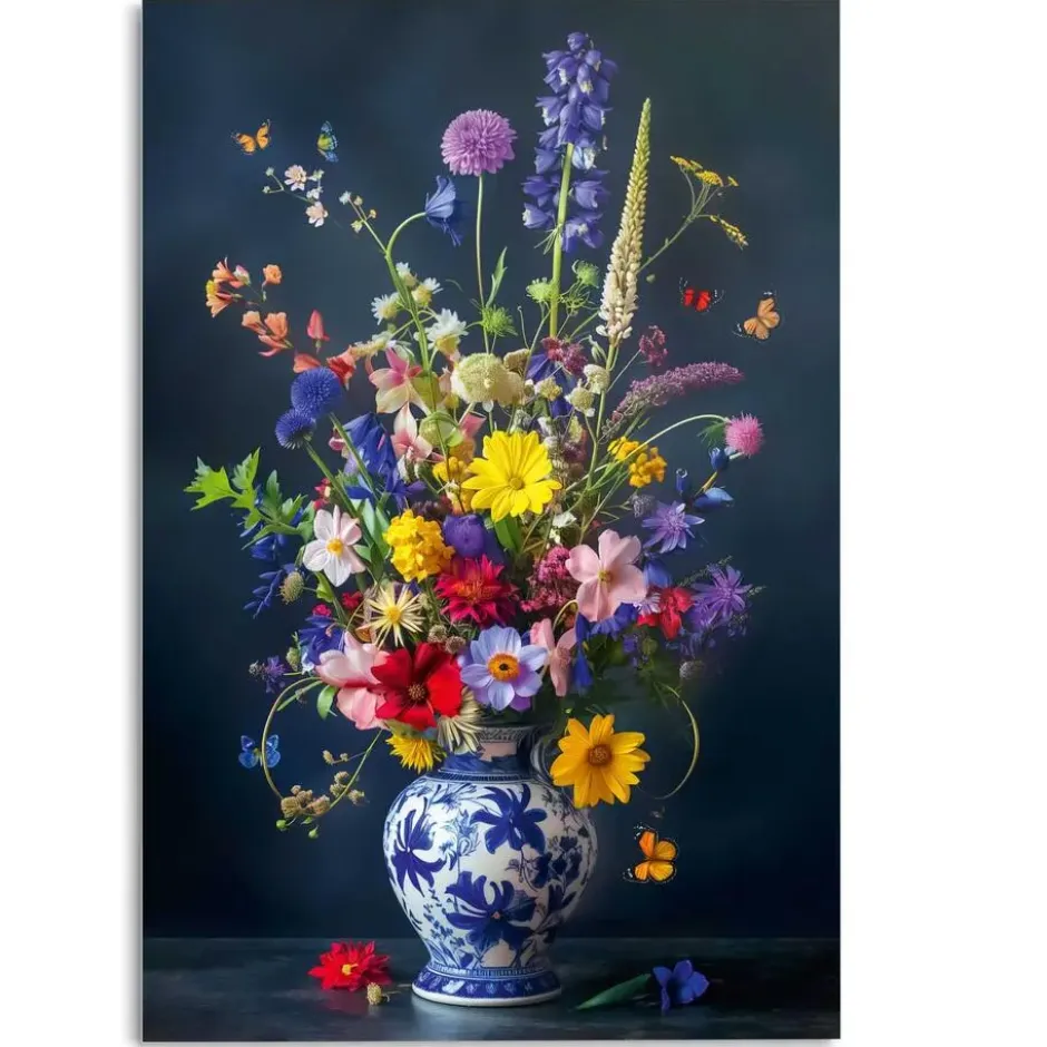 Glasschilderij Delfts Blauw bloemen - 116 x 78 - Bont