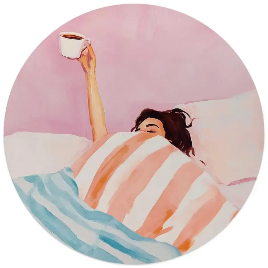 Glasschilderij Koffie in bed - Ø 50 - Roze