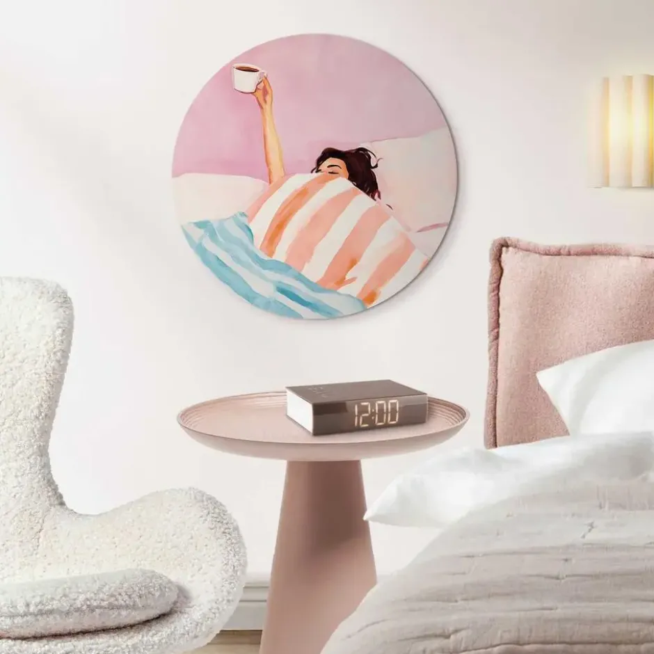 Glasschilderij Koffie in bed - Ø 50 - Roze