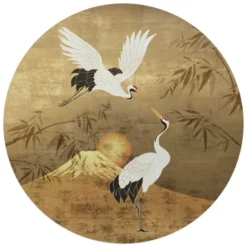 Glasschilderij Kraanvogels - Ø 70 - Goudkleurig