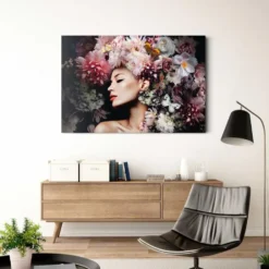 Glasschilderij Vrouw met bloemenhoed - 78 x 116 - Bruin