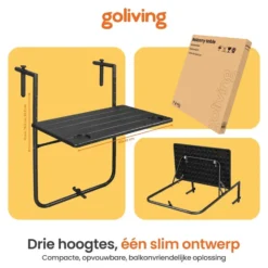 Goliving Balkontafel - Inklapbaar - Hangend - 60 x 40 cm - Hoogteverstelbaar